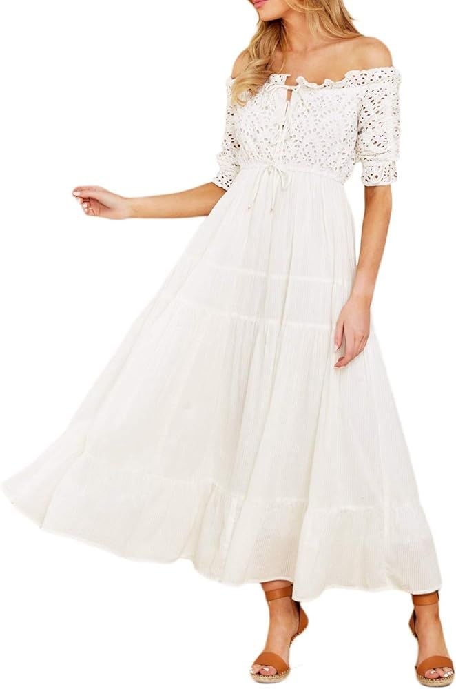 Vintagton Women’s Embroidered Off The Shoulder White Ruffle Maxi Dresses Boho Long Dress | Amazon (US)