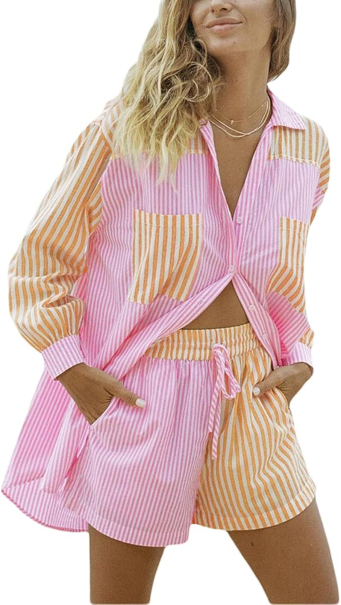 Women 's 2 Piece Casual Outfits Summer Oversized Button Down T-Shirt Top Bodycon Shorts Set Track... | Amazon (US)