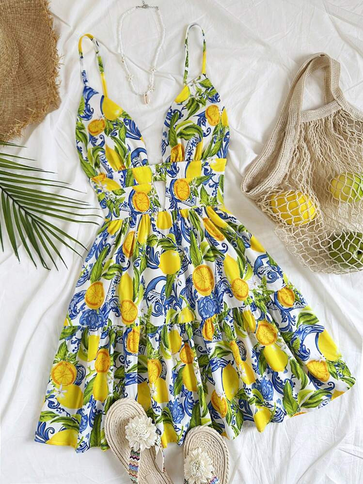 Soleia Vestido corto con estampado de limones coloridos para mujeres en vacaciones de primavera, ... | SHEIN