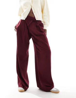Pull& Bear wide leg tailored trousers with tie waist in burgundy | ASOS | ASOS (Global)