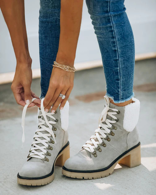 Conquest Heeled Shearling Lace Up Boot - Light Grey | VICI