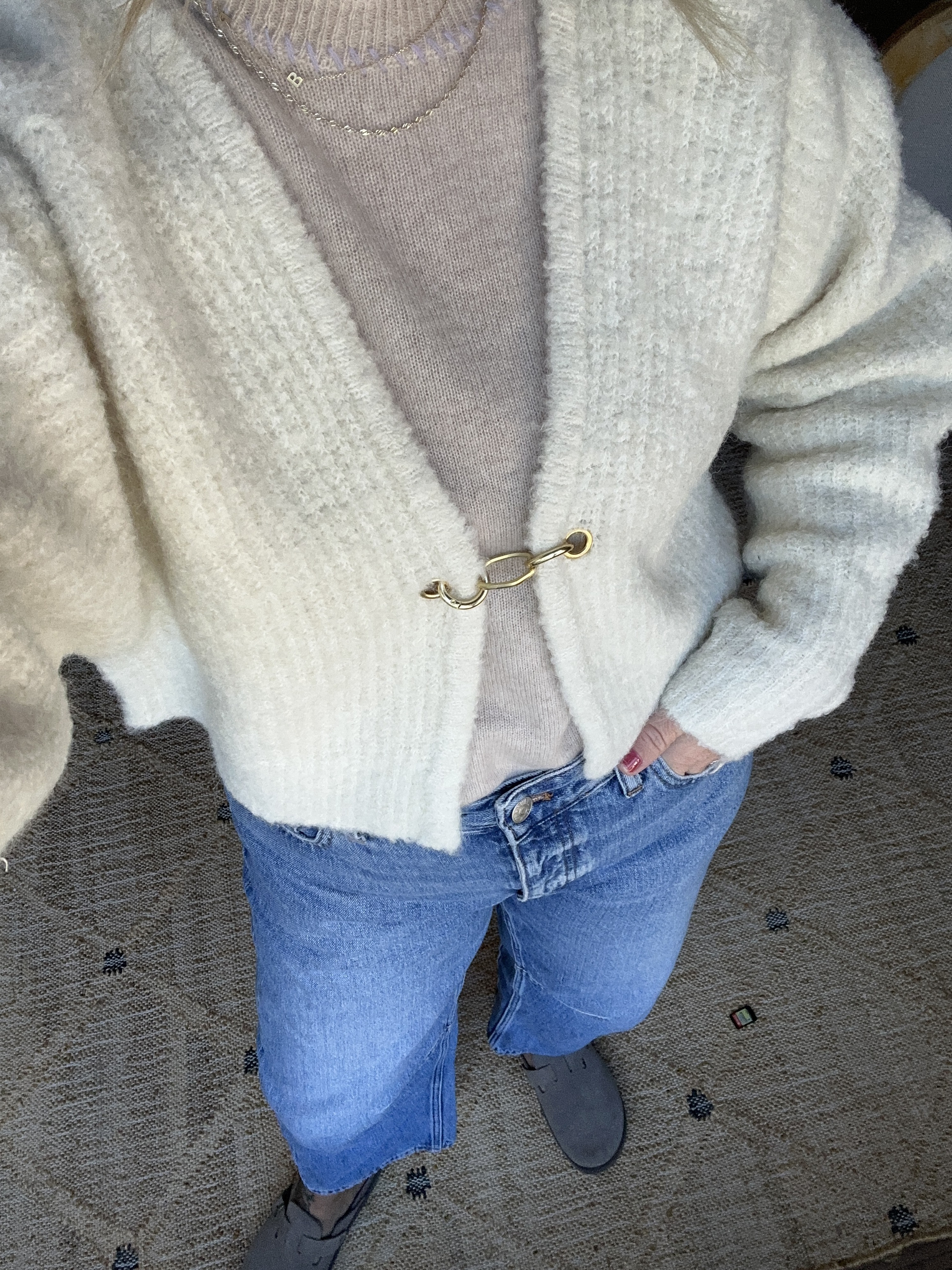 Medium cashmere sweater. Small boucle Cardi. Sized down 1 to a 28 in the jeans. 38/8 clogs  

#LTKMidsize #LTKFindsUnder50 #LTKOver40