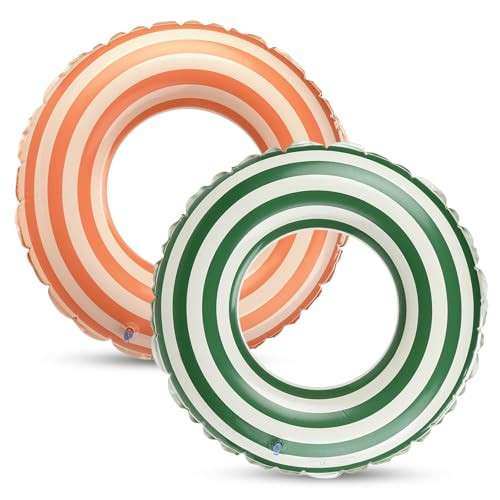 2PCS Floats for Kids Rings, Pool Floats Swimming Rings for Kids, Pool Floats 21in Girls Boys Inflatable Striped Floats for Swimming Pool Summer Beach Party, Green + Orange | Amazon (US)