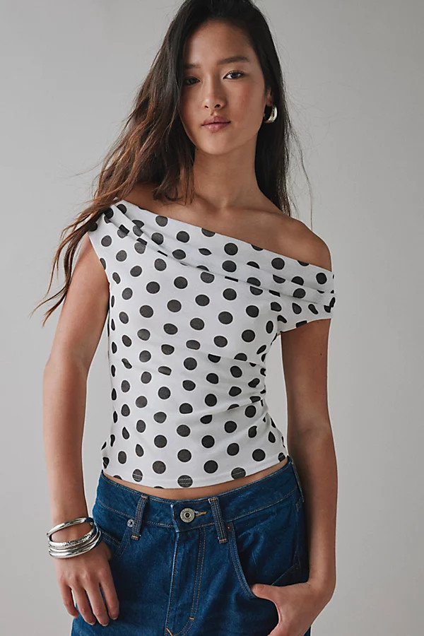Urban Outfitters UO Fia Mesh Off-The-Shoulder Crop Top in White Polka Dots, Women's at Urban Outfitters | Urban Outfitters (US and RoW)