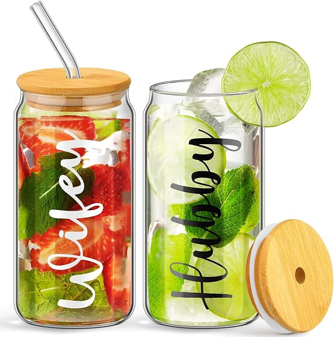2 Pcs Hubby and Wifey Drinking Glasses 16 oz Beer Cup with Bamboo Lids and Glass Straws Bridal Sh... | Amazon (US)