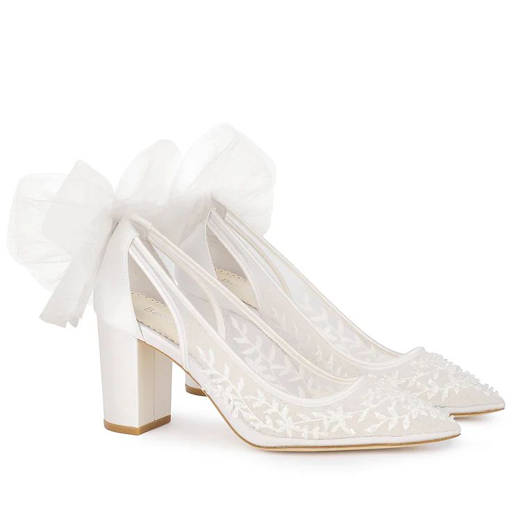 Slingback Block Heel Wedding Shoes with Tulle Bow | Bella Belle Shoes