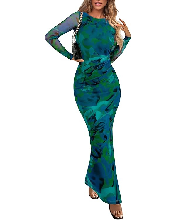 PRETTYGARDEN Women's Bodycon Maxi Dress Fall Fashion Long Sleeve Floral Print Tight Fitted Party ... | Amazon (US)