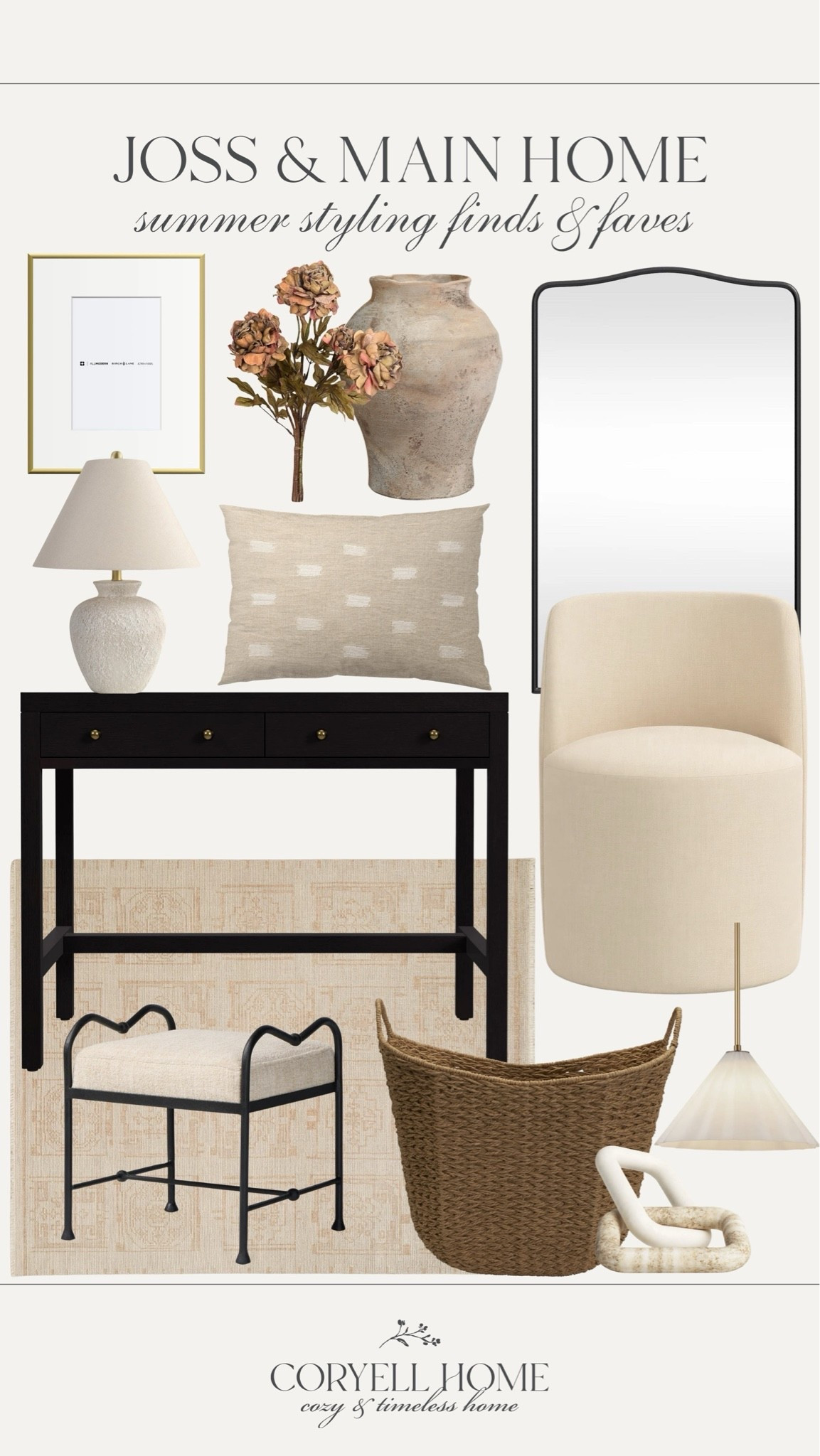 Joss & Main summer styling favorites! These pretty, transitional home finds are gorgeous for a neutral, modern home. I love this entryway table, cozy upholstered chair, and decor finds. 🤎😍