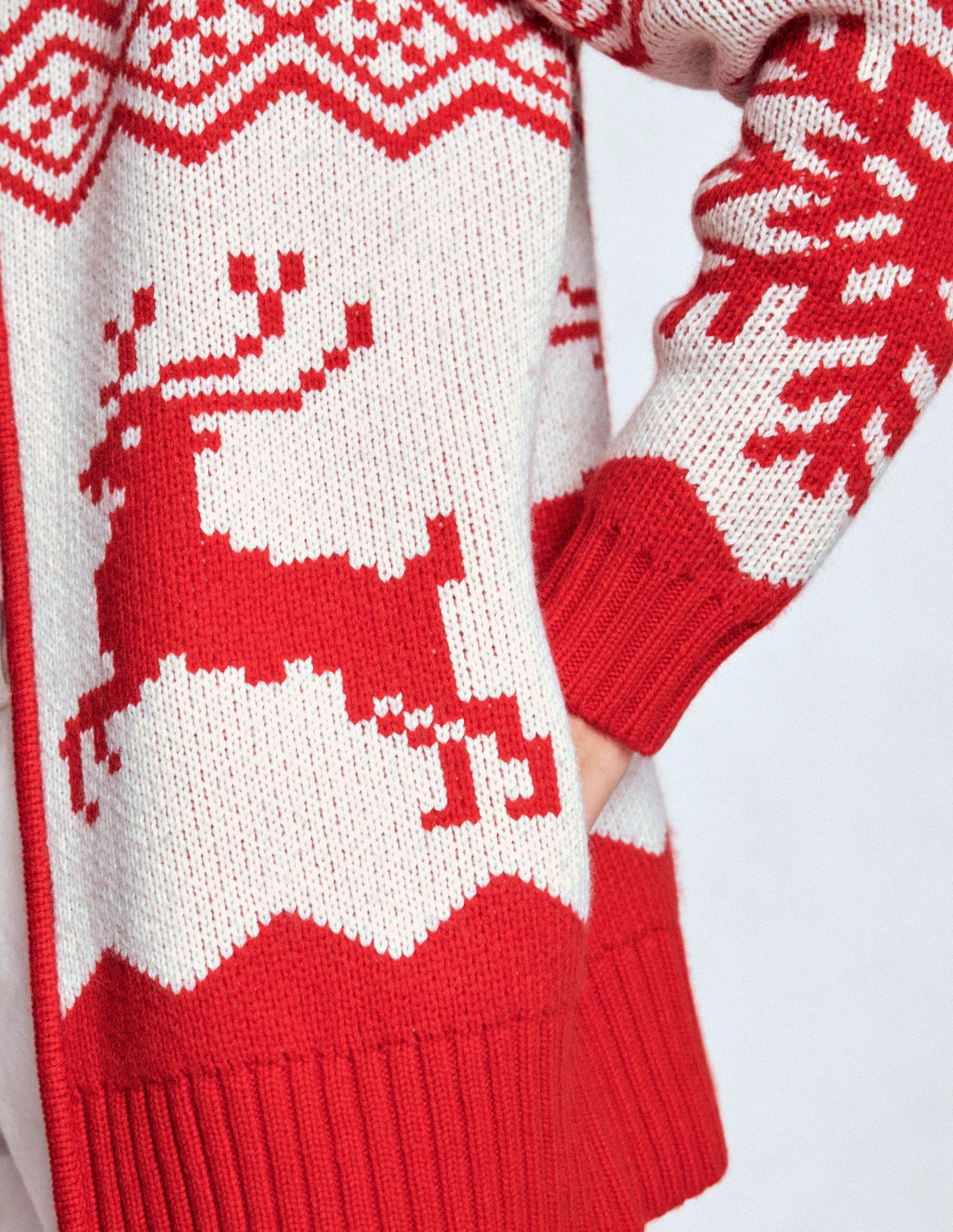 Zip Up Jacquard Cardigan-Poppy Red Reindeer | Boden (US)