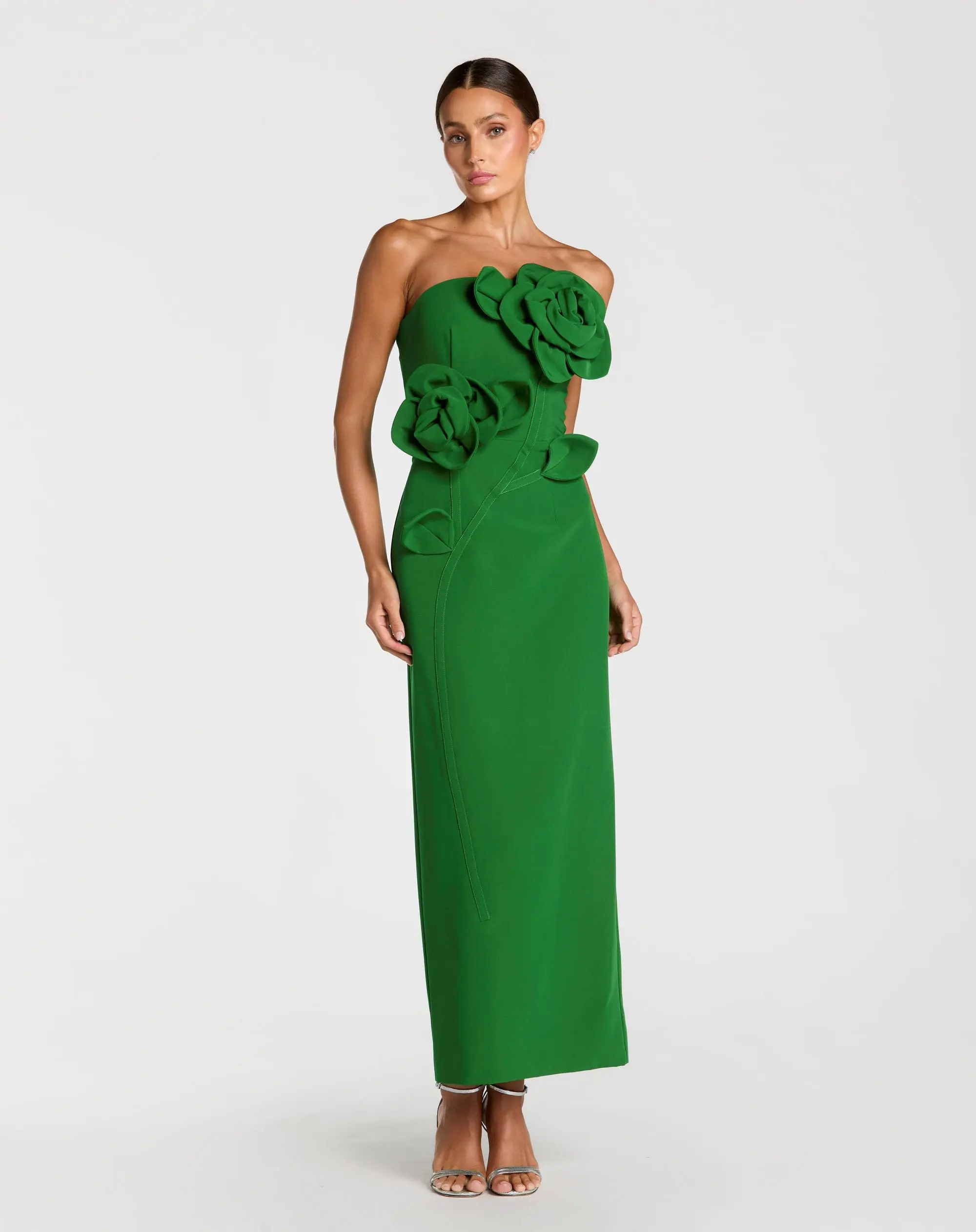 Green Strapless Crepe Dress With 3D Flower Detail | Mac Duggal | Mac Duggal