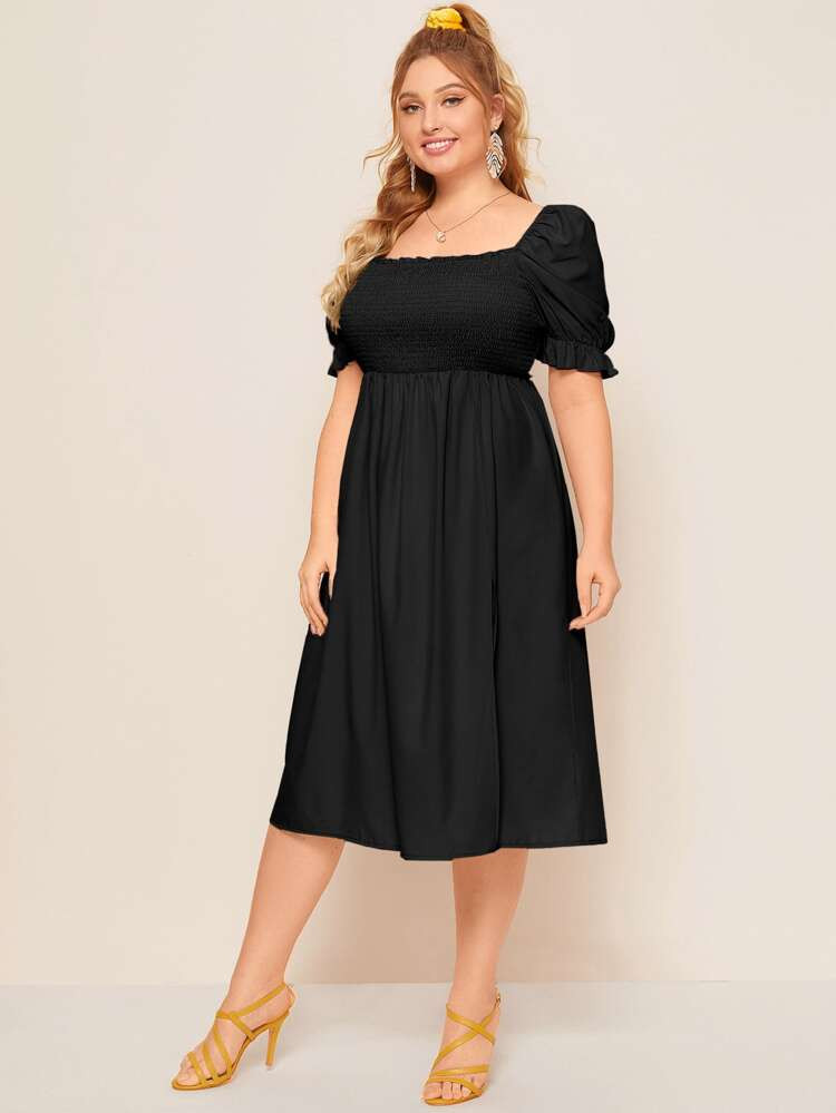 Plus Square Neck Split Hem Shirred Dress | SHEIN