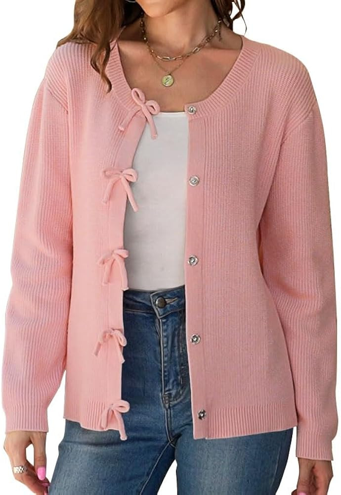 Women's Cardigan Sweaters Bow Button Down Cardigans Fall Fashion Clothes Knit Tie Open Front Coat... | Amazon (US)