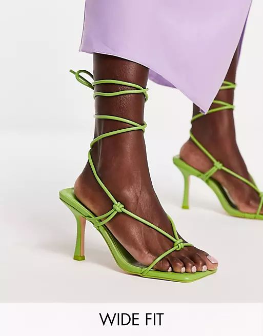 Public Desire Wide Fit Harriet heel sandals with ankle tie in lime green | ASOS (Global)