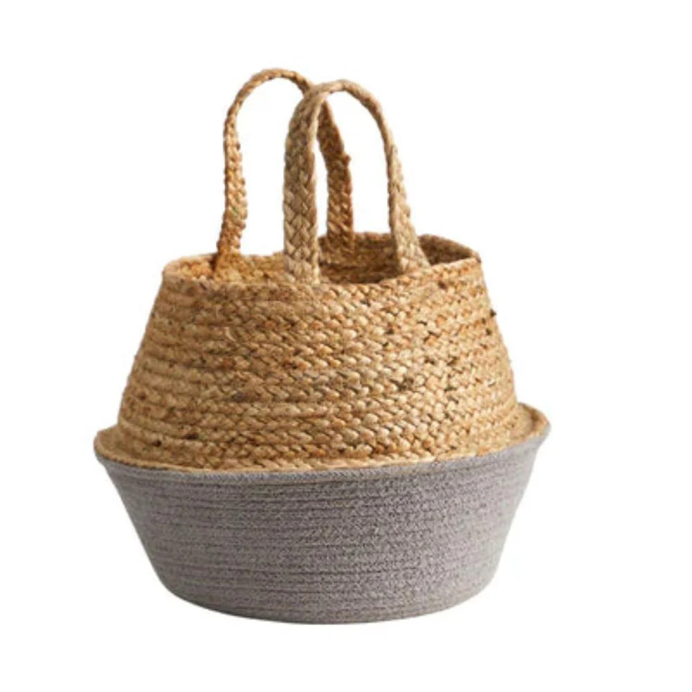 14" Boho Chic Handmade Cotton & Jute Gray Woven Basket | Shop Simon