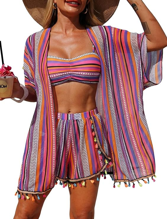 ZAFUL Women 4pcs Ruched Striped Bikini Set High Cut Swimsuit with Sheer Fringed Cover Up Side Sli... | Amazon (US)