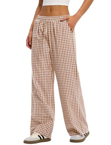 LOMON Gingham Pants Women Fall Pajamas Clothes 2025 Wide Leg Pj Lounge Boxer Bottoms Palazzo Flowy Comfy Plaid Checkered Trousers (Light Coffee Plaid, XL) | Amazon (US)