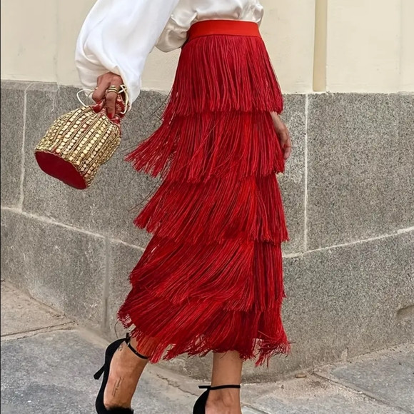 Elegant Red Fringe Skirt | Poshmark