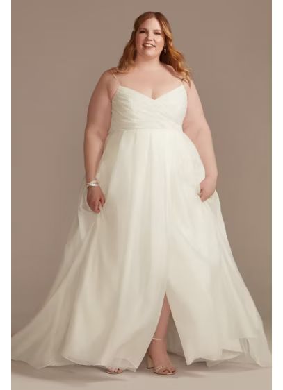 Pleated A-Line Plus Size Wedding Dress with Slit | Davids Bridal