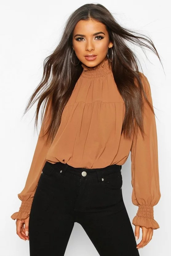 Shirred Neck Cuff Smock Top | Boohoo.com (US & CA)