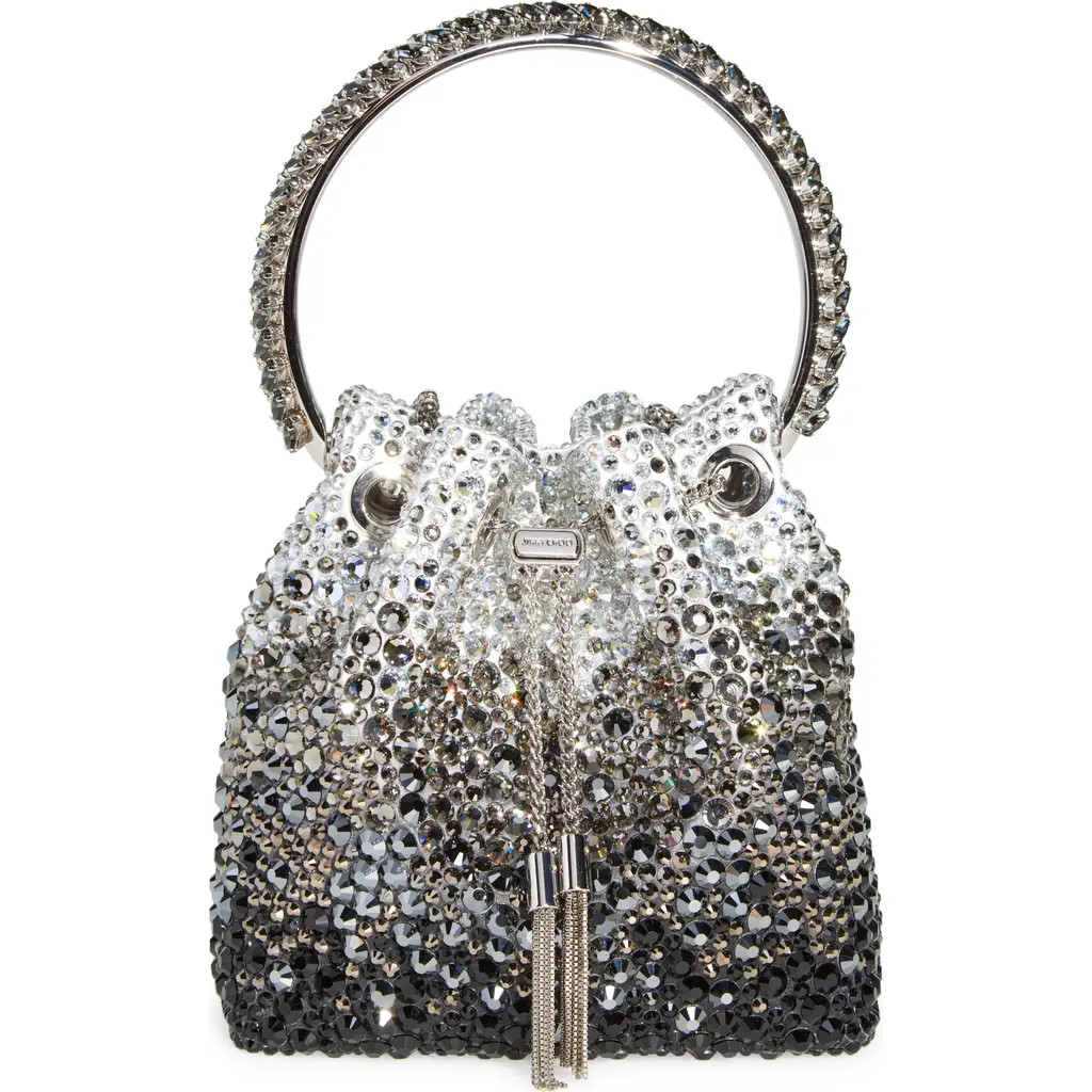 Jimmy Choo Bon Bon Crystal Embellished Top Handle Pouch in Black/Smoke at Nordstrom | Nordstrom