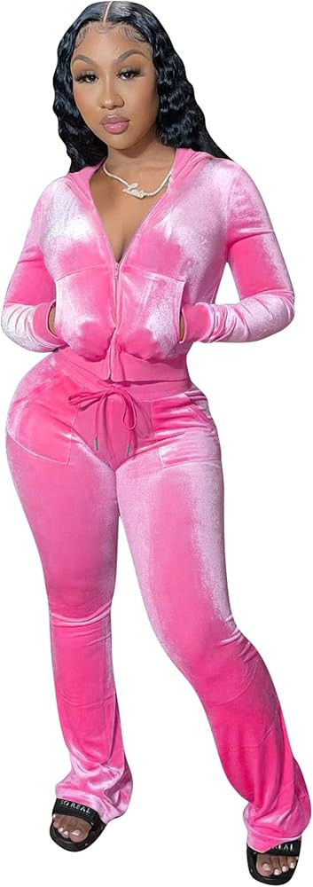 yidengymx Womens 2 Piece Velour Tracksuit Two Piece Outfits for Women Long Sleeve Zip Up Crop Top... | Amazon (US)