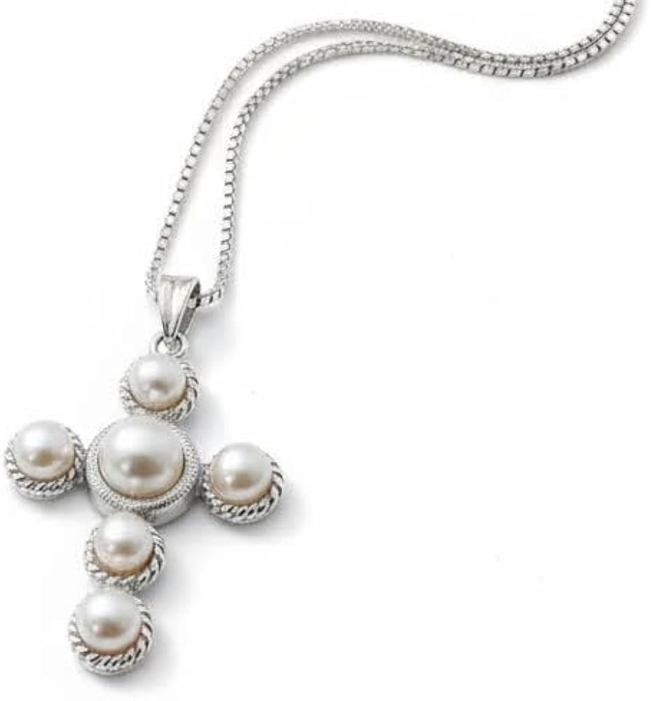 White Natural Pearl Cross Necklace HANDMADE Solid SILVER 925 First Communion Girls Jewelry for wo... | Amazon (US)