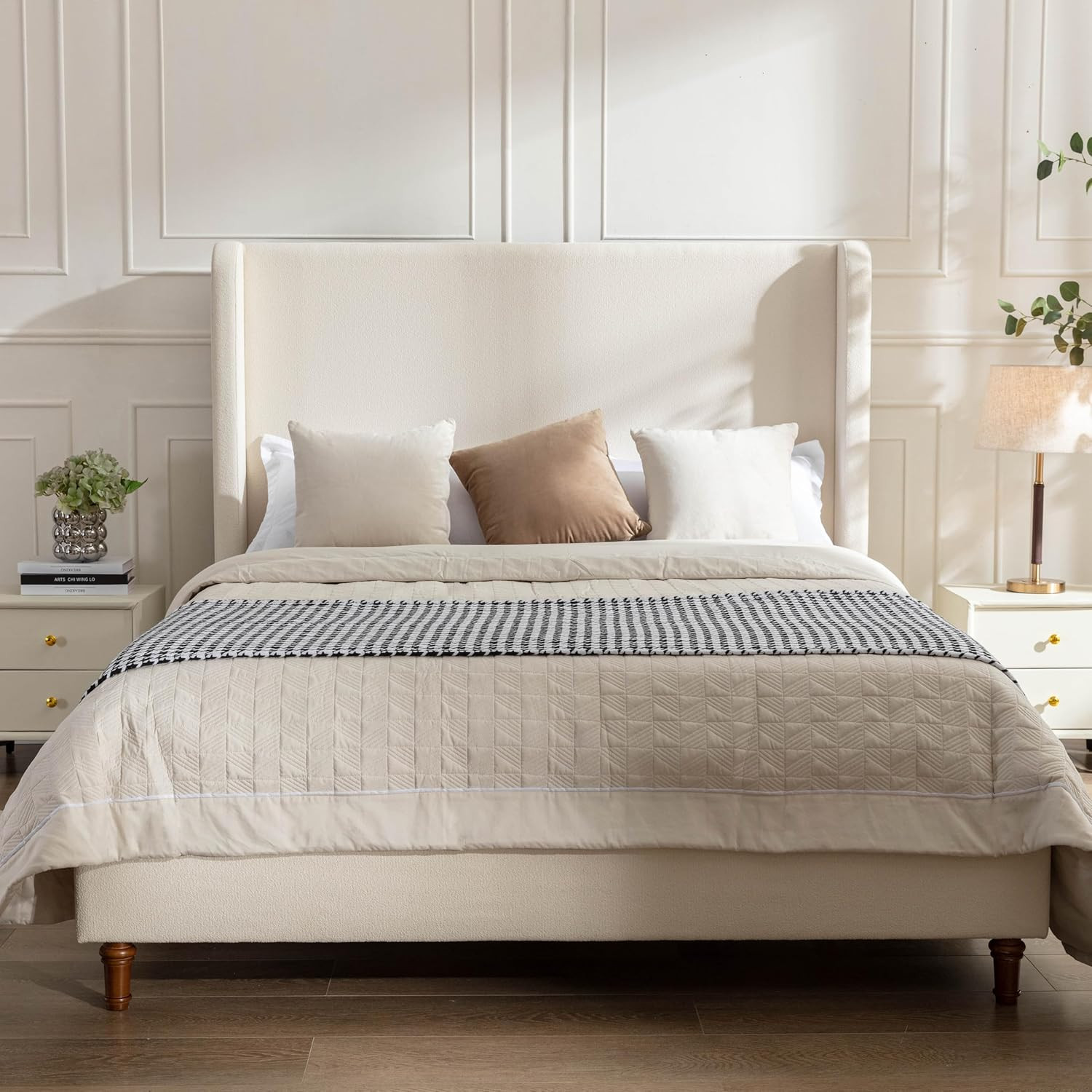 California King 54" Harper Tall Headboard Wingback Upholstered Bed Frame Platform Beds Elegant Simplicity for Bedroom Strong Wood Slats Support No Box Spring Needed No Noise Ivory Boucle | Amazon (US)