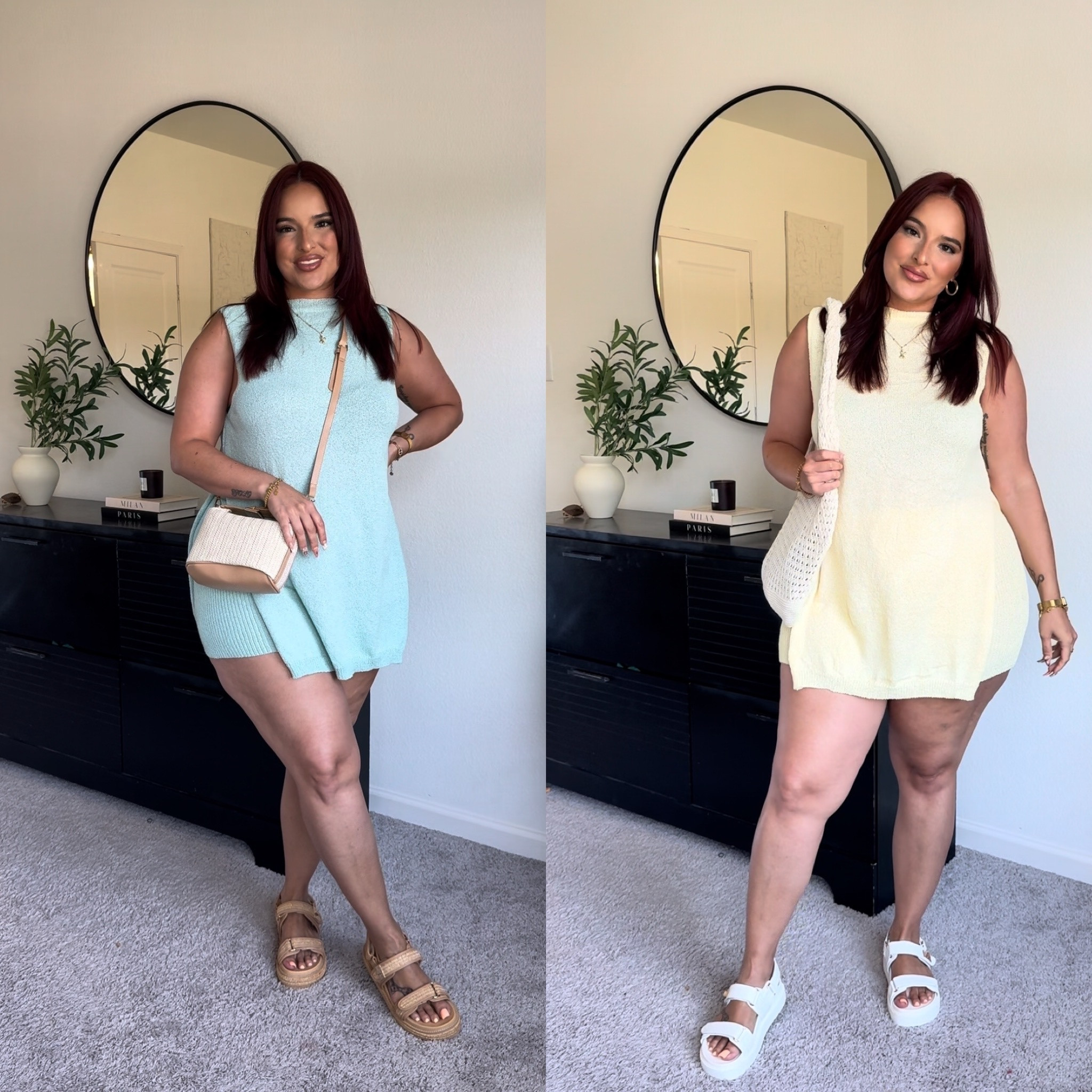 Wearing size L in set. Has a lot of stretch. But be careful not to snag the material on anything as it’s really delicate and can rip.