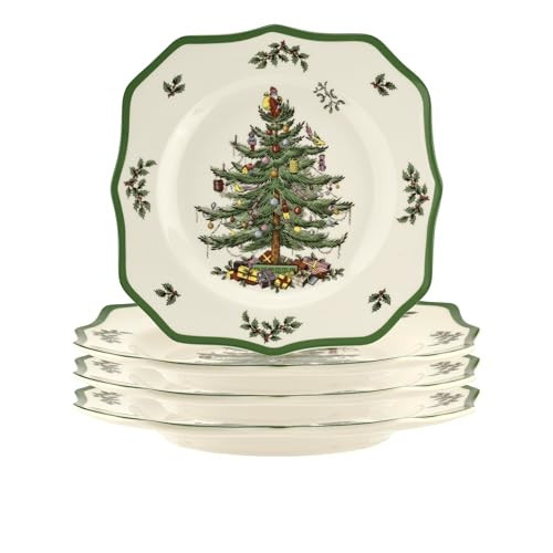 Spode Christmas Tree Scalloped Dinner Plate (Set of 4) - Holiday Stoneware Large Plates - 10.5 Inch Christmas Dinner Dishes, Colorful Gifts & Mistletoe Accents - Dishwasher & Microwave Safe | Amazon (US)