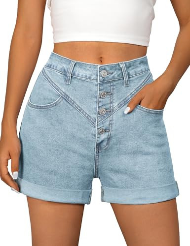 BISUAL Jean Shorts Womens Stretchy High Waist Button Closure Folded Hem Summer Casual Denim Shorts with Pockets | Amazon (US)