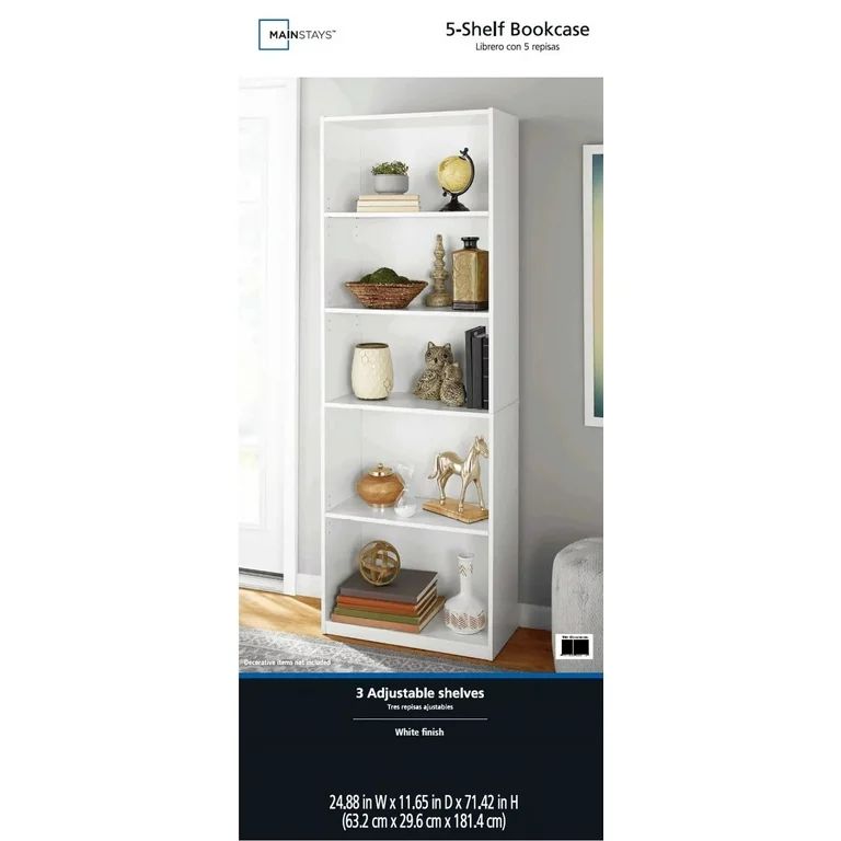 Mainstays 5-Shelf Bookcase with Adjustable Shelves, White | Walmart (US)