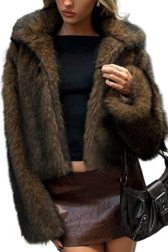 ELLEVEN Faux Fur Jacket Coat Women Winter Fluffy Warm Cropped Overcoat Furry Fuzzy Plush Shaggy Cardigan Casual Sexy Fashion Lapel Collar Long Sleeve Hidden Hooks Pockets Black & Brown Small | Amazon (US)