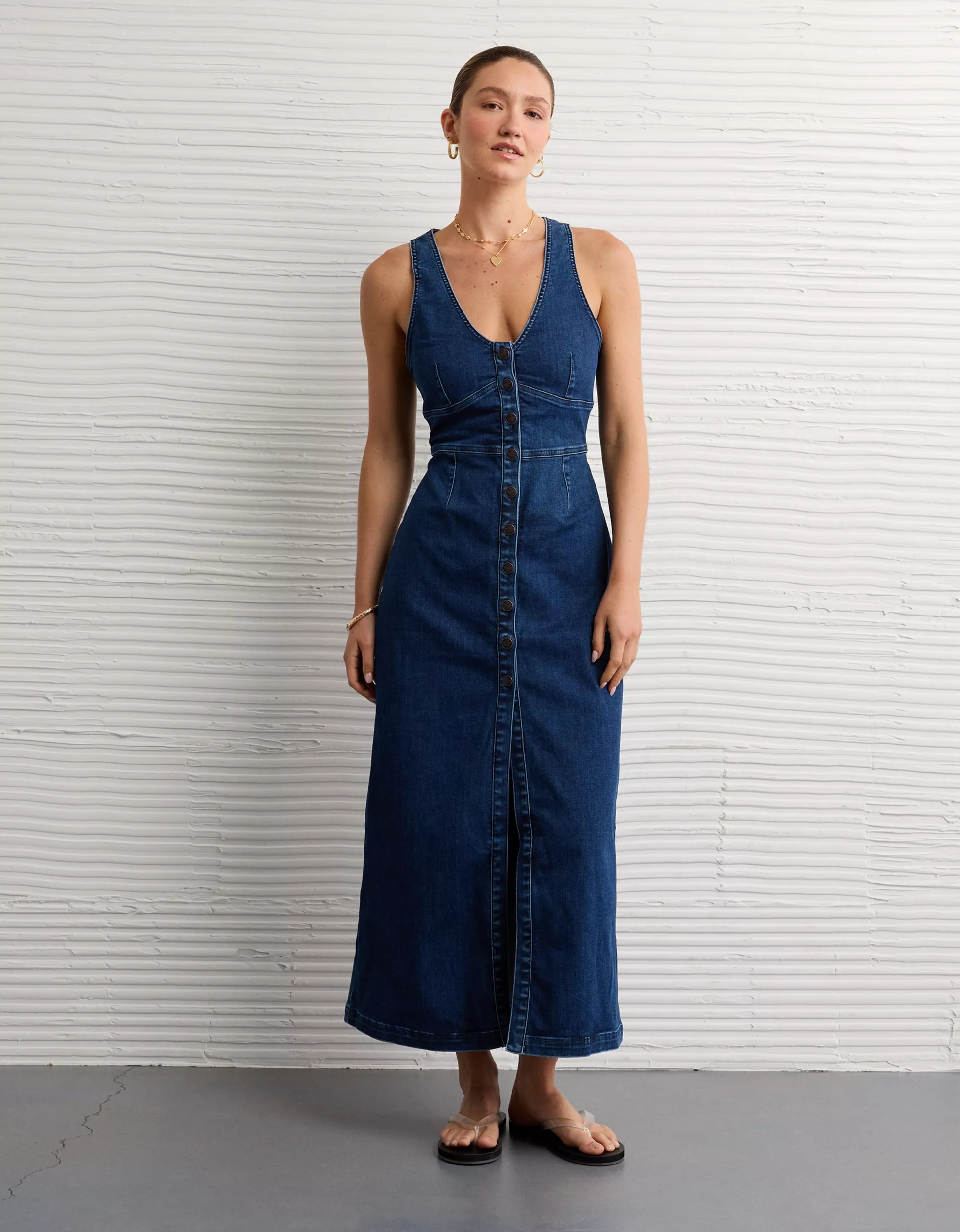 AE V-Neck Denim Maxi Dress | American Eagle Outfitters (US & CA)