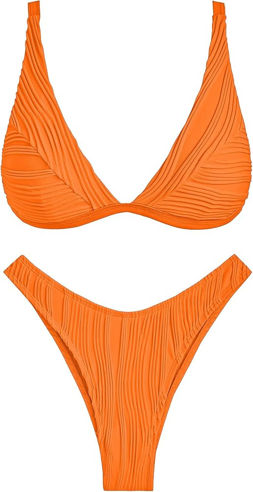 ZAFUL Bikini Sets for Women Triangle Textured Plunging High Cut Cheeky Bikini Swimsuits Two Piece... | Amazon (US)