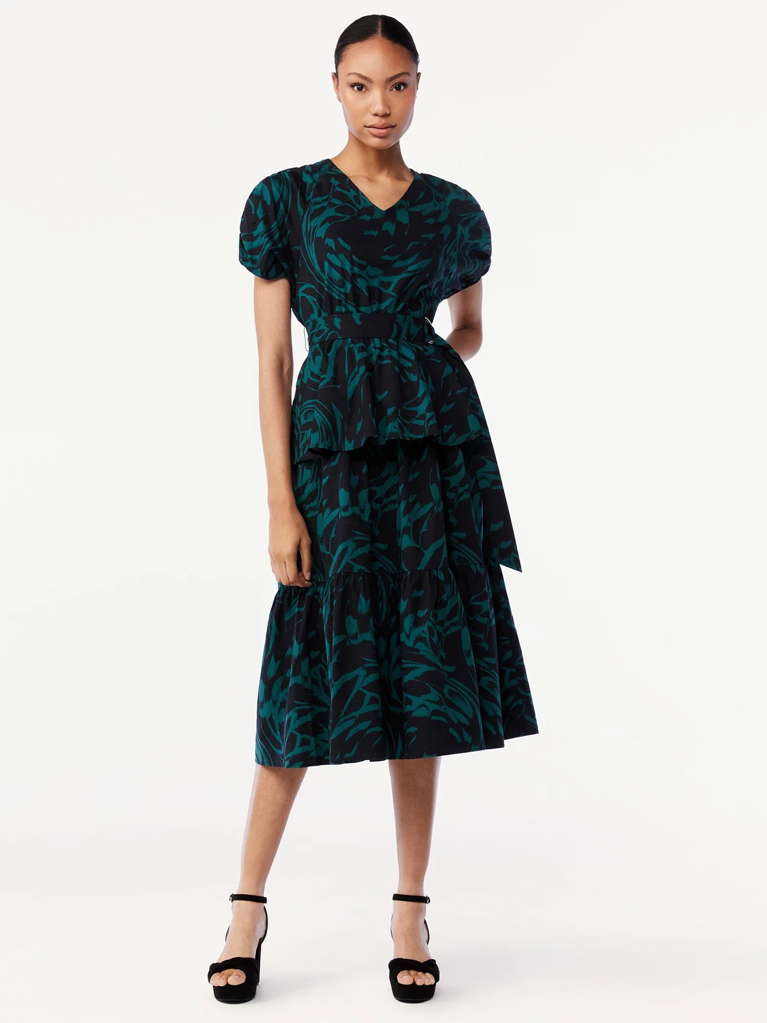 Scoop Women's Midi Dress with Ruched Sleeves - Walmart.com | Walmart (US)