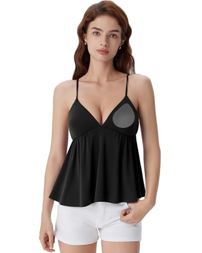 SUUKSESS Women V Neck Babydoll Tank Tops with Built in Bra Summer Cute Peplum Cami Going Out Tops(Black M) | Amazon (US)
