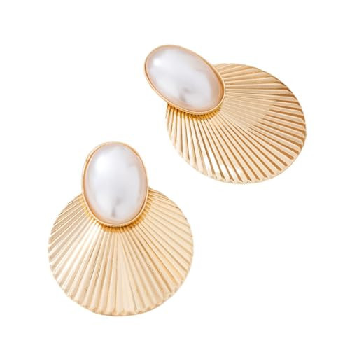 Bold Gold & Pearl Statement Earrings for Women 18K gold plated – Vintage-Inspired Fan-Shaped Dangle Earrings – Elegant Jewelry for Weddings, Parties & Special Occasions | Amazon (US)