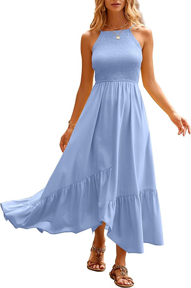 BTFBM Women's Sleeveless Halter Neck Casual Summer Dress Smocked Flowy Irregular Hem Wedding Beac... | Amazon (US)