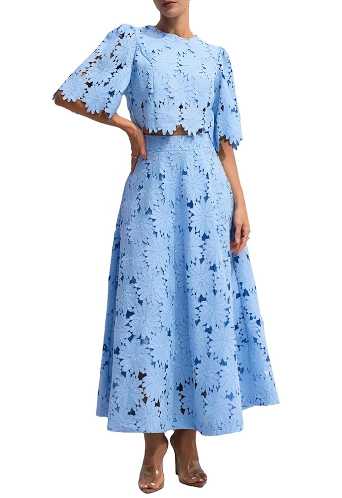 NIFTRIRY Two Piece Sets for Women Dressy Solid Color Embroidered Short Sleeve Crop Top and Maxi S... | Amazon (US)