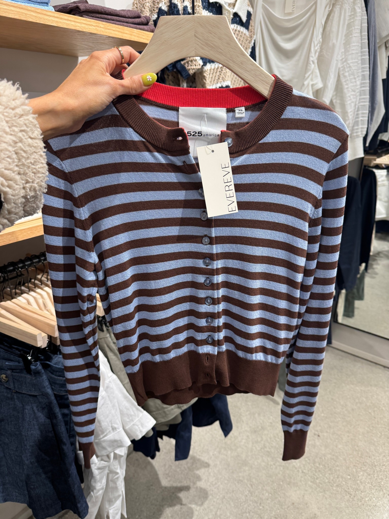 This top was so cute in person. Love the blue and brown stripes. 