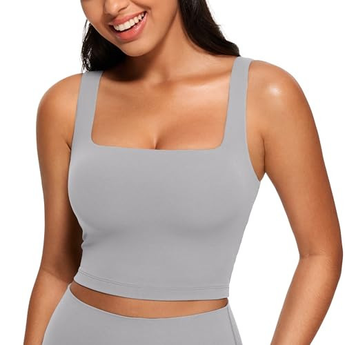 CRZ YOGA Butterluxe Womens Square Neck Longline Sports Bra - Workout Crop Tank Tops Padded with Built in Shelf Yoga Bra Rhino Grey Medium | Amazon (US)