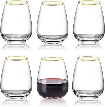 CREATIVELAND Stemless Wine Glasses 13.5OZ Gold Rim Clear Red Wine Glass Lightweight Heavy Base Du... | Amazon (US)