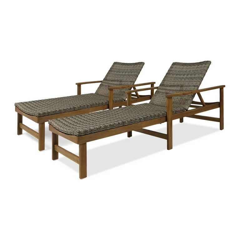 Camdyn Outdoor Rustic Acacia Wood Chaise Lounge with Wicker Seating (Set of 2), Natural and Gray | Walmart (US)