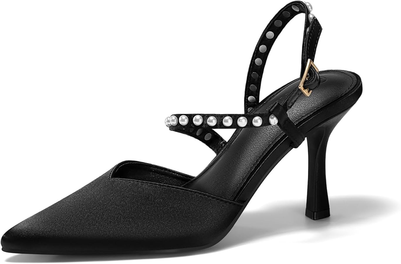 Coutgo Womens Pearl High Heels Closed Pointed Toe Wedding Bride Dress Shoes Ankle Strap Satin Pum... | Amazon (US)