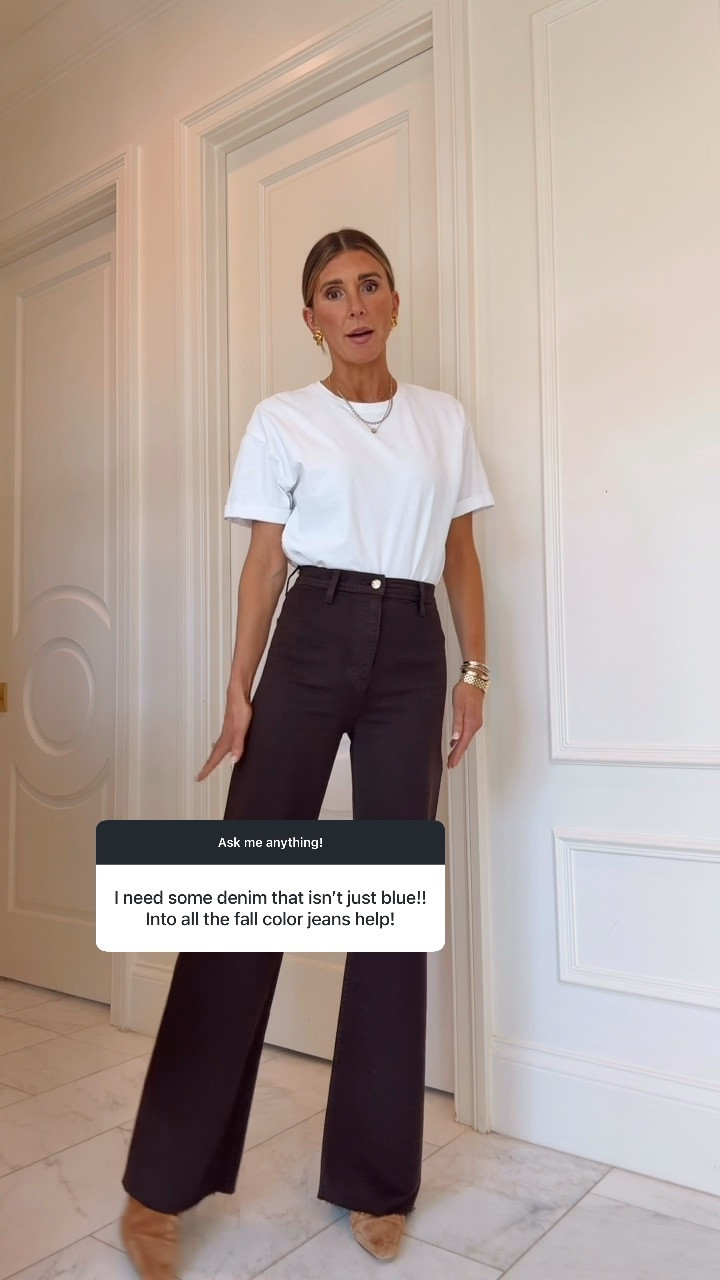 Wide leg brown jeans for fall. If in between  sizes size up