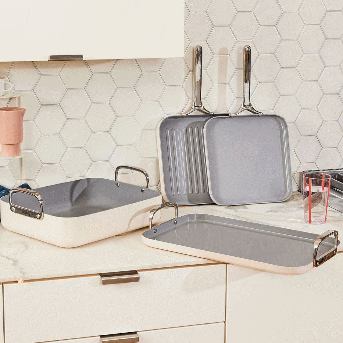 7 Piece Square Cookware Set In Cream | Non-Stick, Non-Toxic, PFAS-Free Ceramic Squareware | Induction-Compatible For Healthy Cooking | Caraway | Caraway