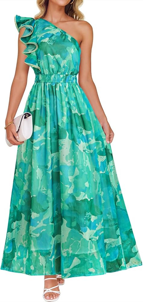 ZESICA Women's 2026 Boho Floral Sleeveless Maxi Dress Ruffle One Shoulder Elatsic High Waist Beac... | Amazon (US)