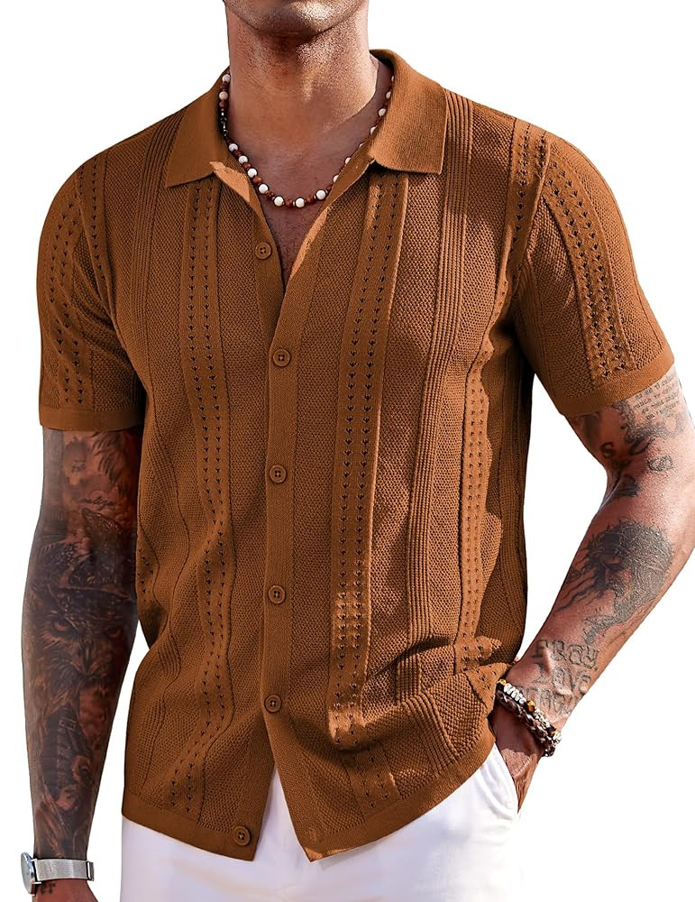COOFANDY Men's Knit Shirts Short Sleeve Button Down Polo Shirt Fashion Casual Summer Beach Shirts | Amazon (US)