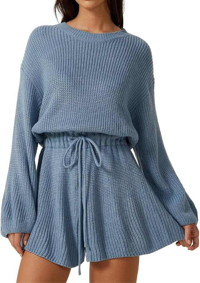 Meyeeka Knit Romper for Women Long Sleeve Wide Leg Sweater Casual Loose Drawstring Short Jumpsuit | Amazon (US)
