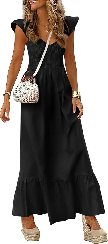 PRETTYGARDEN Women's 2026 Summer Casual Maxi Dresses Cap Sleeve V Neck Smocked Long Pockets Party... | Amazon (US)